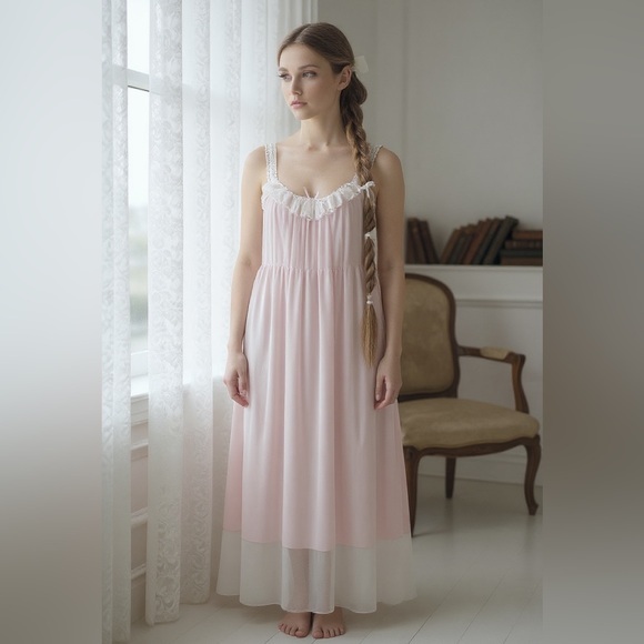 Vintage Other - Vintage Nightie Nightgown Pink White Coquette Size Small